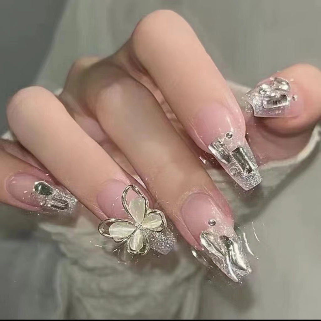 Hot Girl Trend Wearable Nails Long Ice Transparent Heart Shaped Sparkling Diamond High-end Nail Stickers Finished Nail Art Nail Tips Wholesale