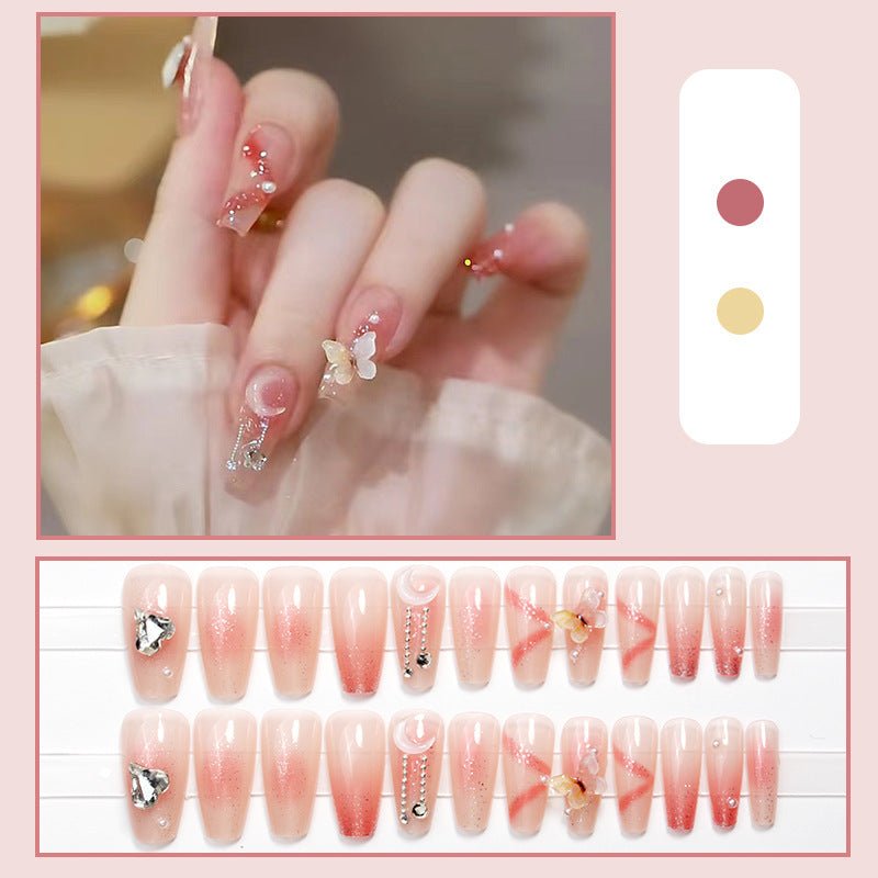 Flashing Bowknot Handmade Wearable Nails Xiaohongshu Same Style Finished Nail Pieces Wholesale Aurora Long Nail Stickers