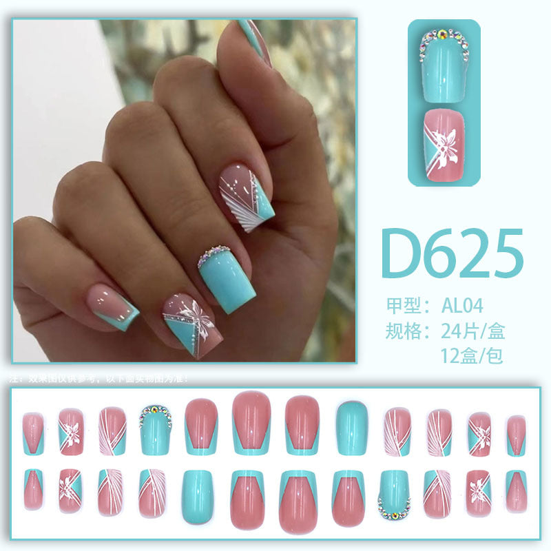 Wearable Nail Diamond Style Sparkling Summer Blue Green European and American Style Three-Dimensional Butterfly Whitening Reusable24Piece Pack