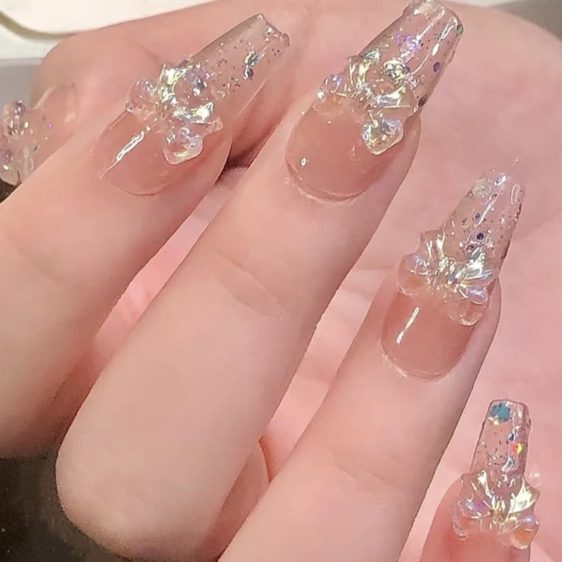 Flashing Bowknot Handmade Wearable Nails Xiaohongshu Same Style Finished Nail Pieces Wholesale Aurora Long Nail Stickers